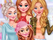 Vista a Elsa, a Anna, a Bela e a Cinderela